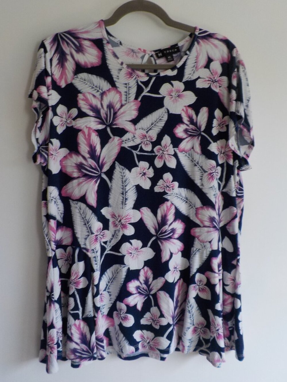 N Touch Blouse - X-Large - Navy Pink White Floral Cap Sleeve (972)